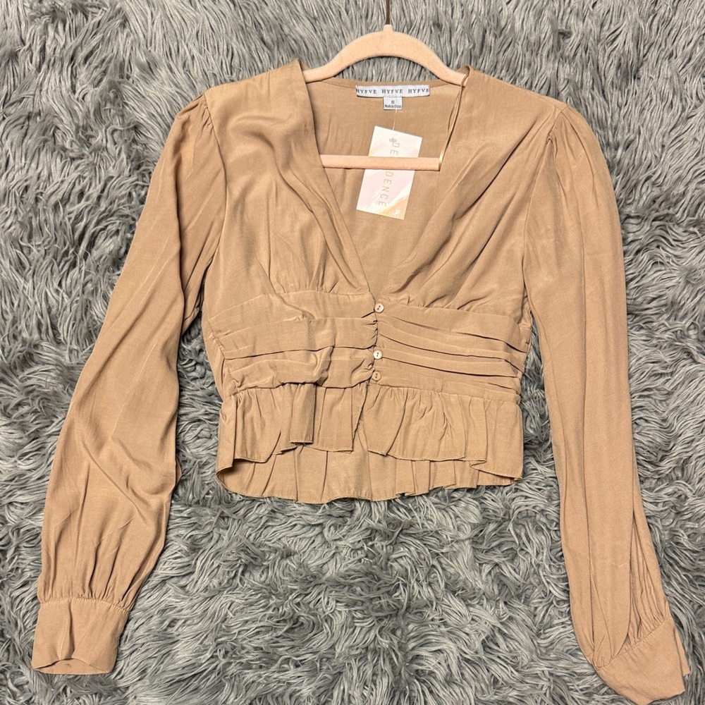 Brand new Tan Pleated Long Sleeve Blouse